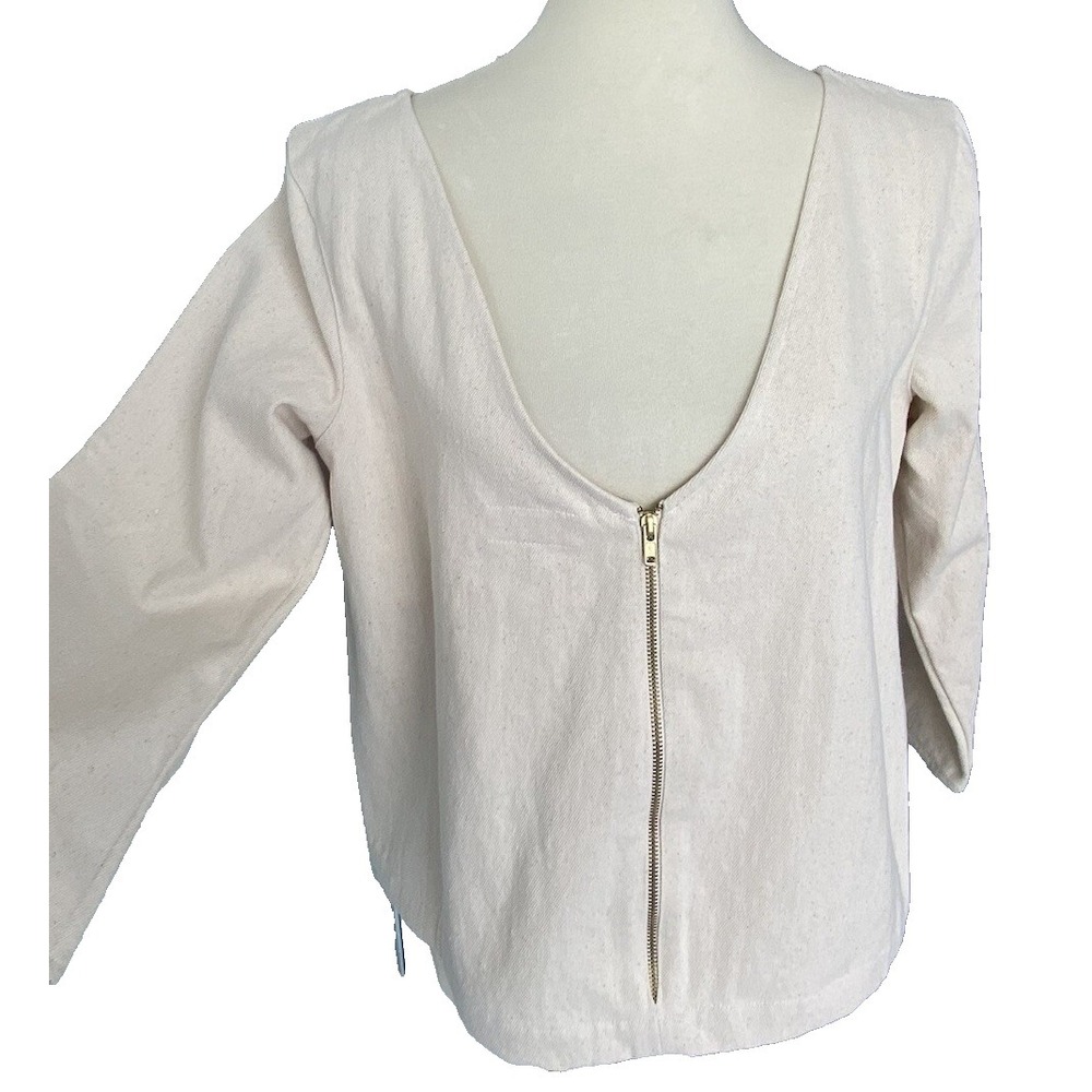 Tribe Alive Women Top L Blouse Jacket Canva Ivory 3/4 Sleeve‎ Zip Cotton